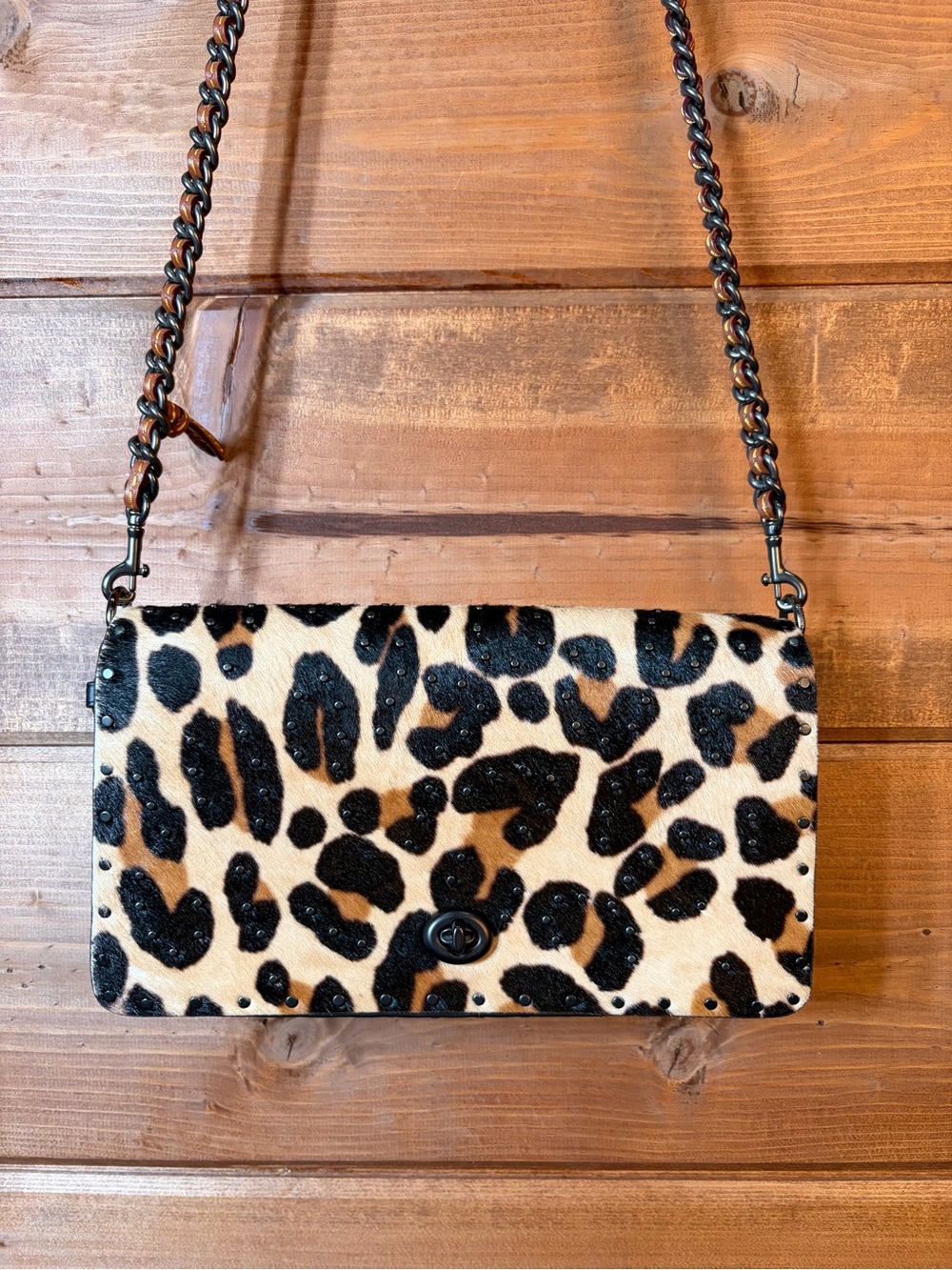 Coach 1941 Dinky 24 Studded Leopard Haircalf Chain Crossbody Bag 32869 ⭐